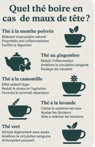 Thés à boire pour les maux de tête Thés vert, lavande, camomille, gingembre, menthe poivré